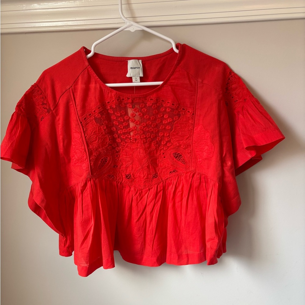 Maeve Anthropologie NWT red lace embroidery detail top, size S